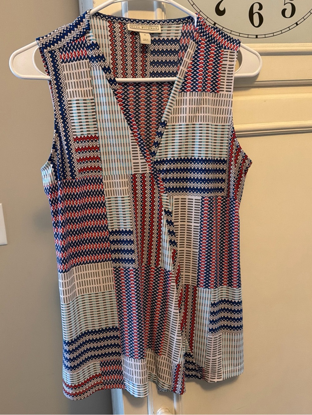 Dana Buchman Patchwork Print Sleeveless V-Neck Top - Blue, Red & Cream
